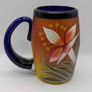 Blown Glass Mexican Cobalt Glass Mug With Hand painted Flowers